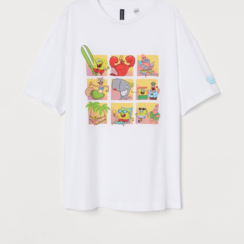H&M White Tee with Colorful Cartoon Squares